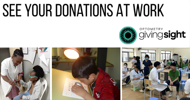 Web Banner 2025 Grants for mobile phones Collage showing people being helped through the gift of vision and projects that Optometry Giving Sight has funded, and the words 'See Your Donations At Work'