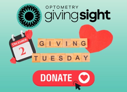 Image with Optometry Giving Sight logo, Giving Tuesday is December 2, and with a donate button