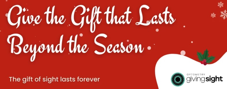 Red banner saying "Give the Gift that Lasts Beyond the Season - The gift of sight lasts forever"