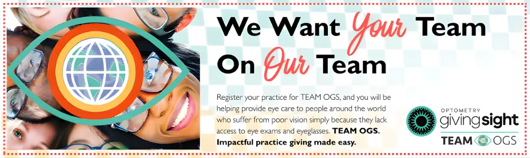A banner image with a collage image of people's faces wearing glasses and smiling, with the words 'We Want Your Team on Our Team'