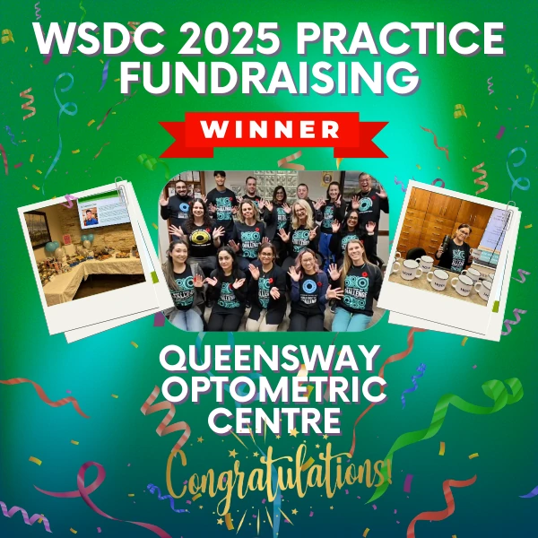 A colorful image with streamers and fireworks celebrating Queensway Optometric Centre as the top World Sight Day Challenge practice in 2025