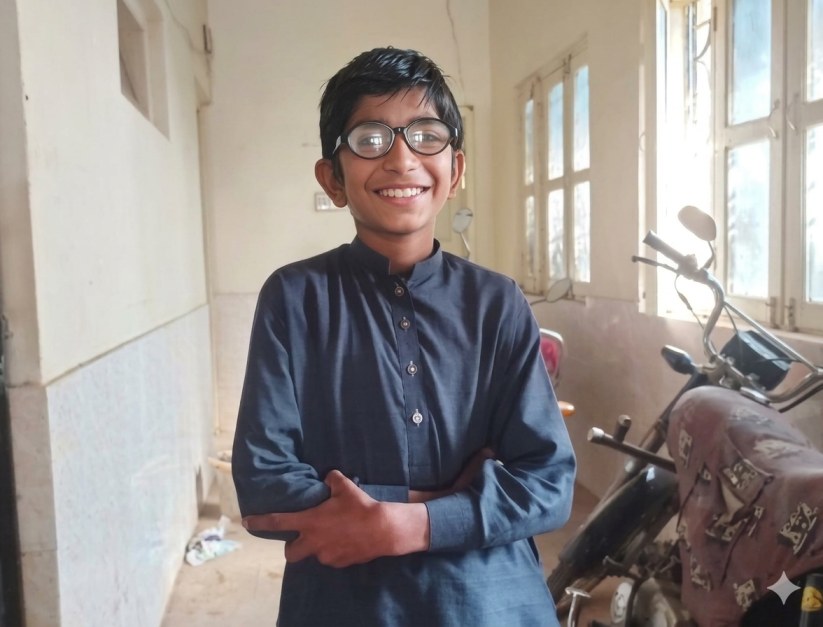 A photo of a young boy, Asad, wearing his new glasses that he received through a project in Pakistan that was funded by Optometry Giving Sight.